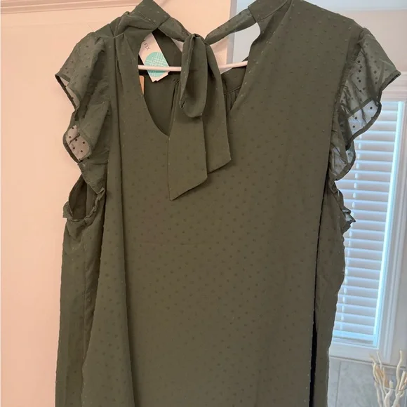 Women's Olive Swiss Dot Ruffle Sleeve Blouse - Picture 2 of 4